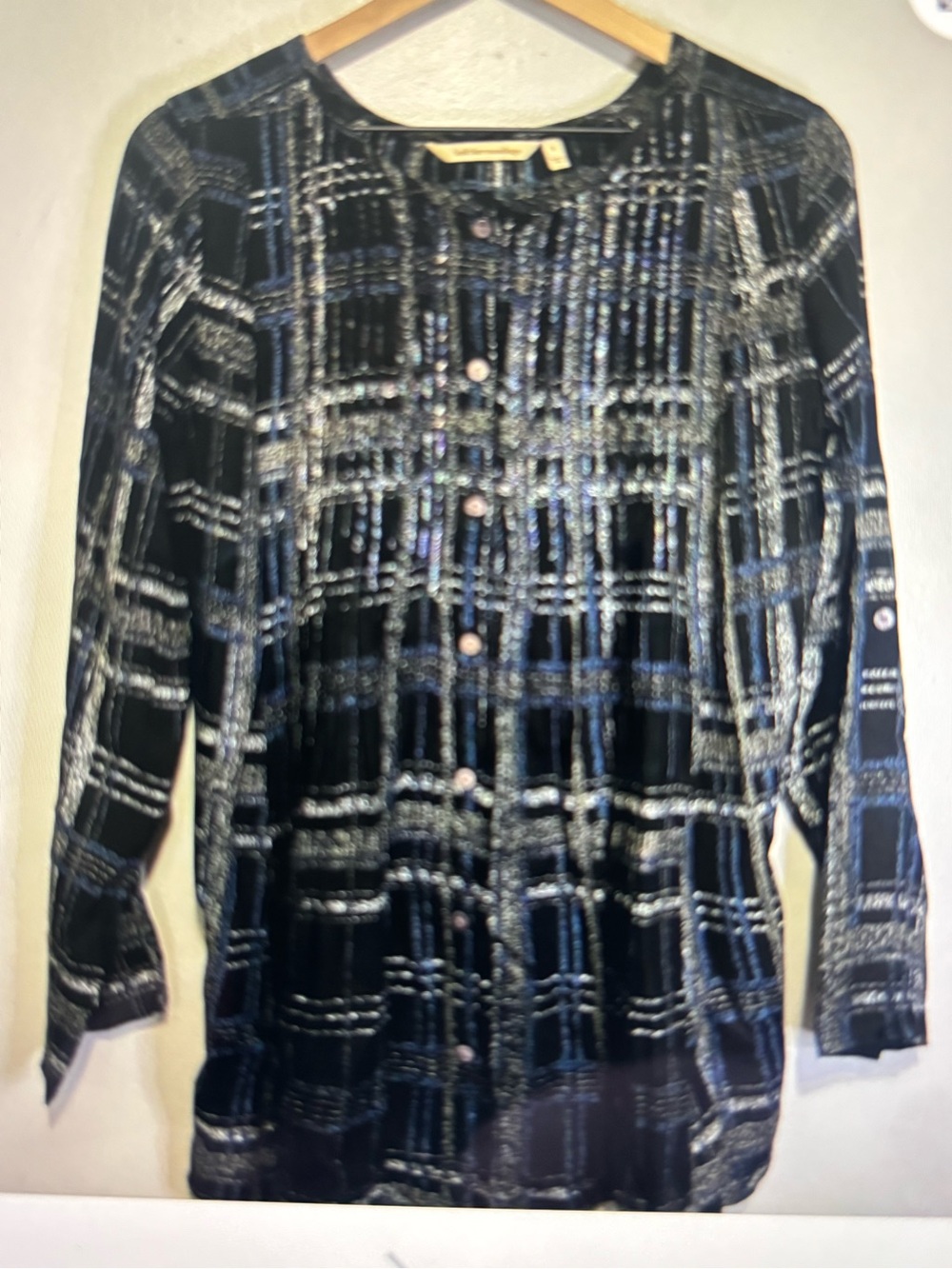 Soft Surroundings Black Plaid Button-Down Shirt with Metallic Accents